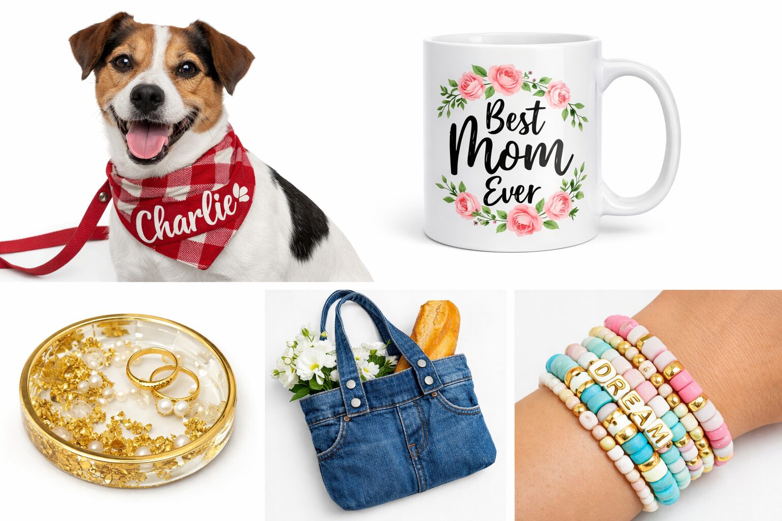 A stylish collage with a dog in a “Charlie” bandana, floral mom mug, gold ring dish, denim tote, and DREAM bracelets for craft ideas.