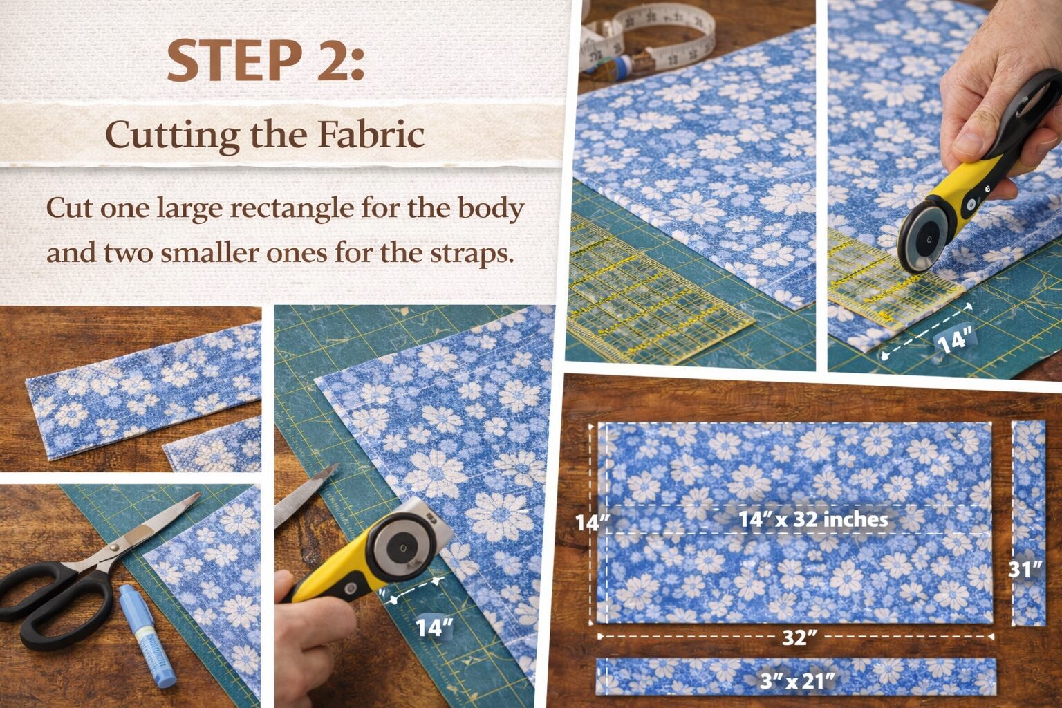 Visual guide for cutting blue floral fabric: see how to measure and trim pieces for tote bag body and straps with clear labels.