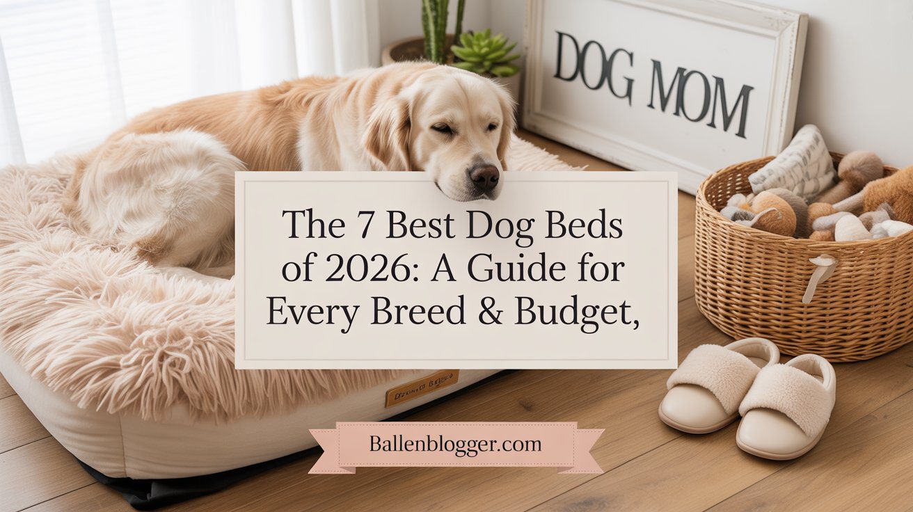 A golden retriever lounges on a cozy bed near toys, slippers, and a "DOG MOM" sign. Text spotlights 2026’s top dog beds guide.