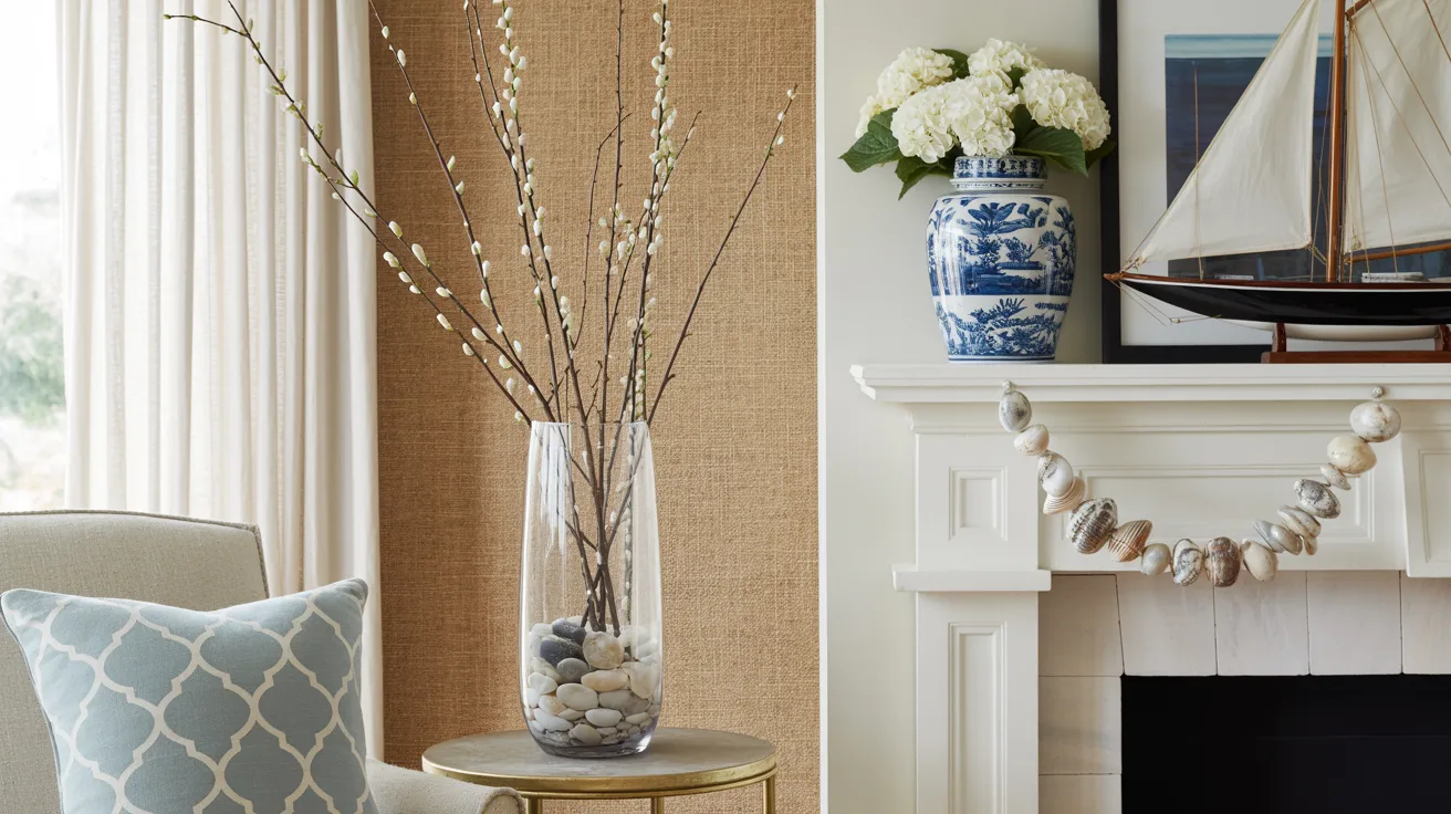A cozy living room corner features coastal touches: vases, shells, a sailboat model, and fireplace for a serene beachy mood.
