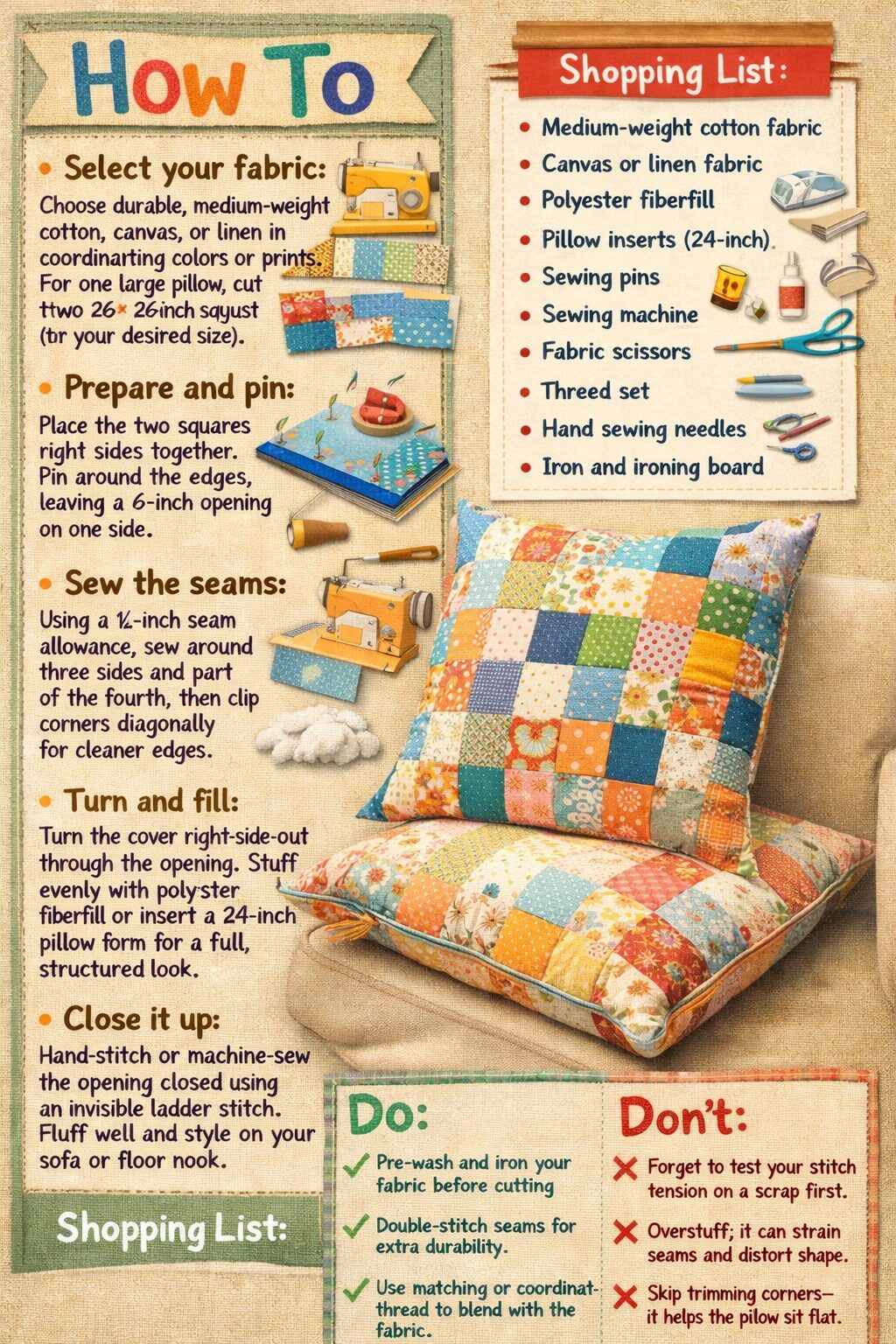 Learn how to sew a fabric 2 patchwork pillow with easy steps, visuals, supply list, expert tips, and images of two finished designs.