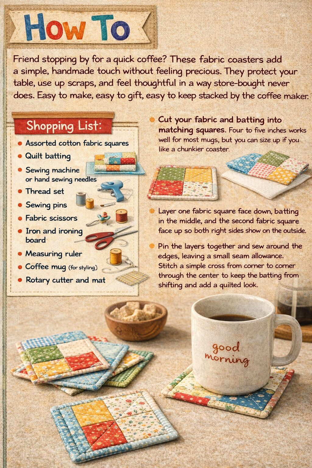 Learn how to make fabric coasters with step-by-step directions, supply list, tools needed, and an image of a mug on bright quilted coasters.