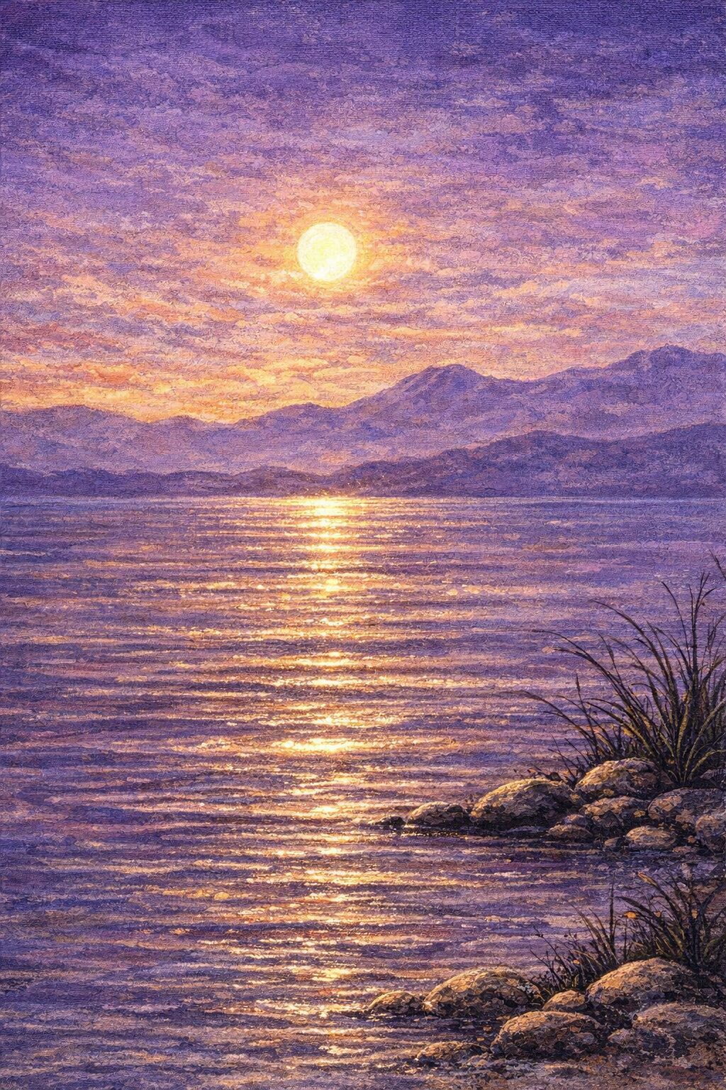 A gleaming full moon illuminates far-off peaks, casting gold across a tranquil lake with clouds swirling above and grass-lined rocks below.