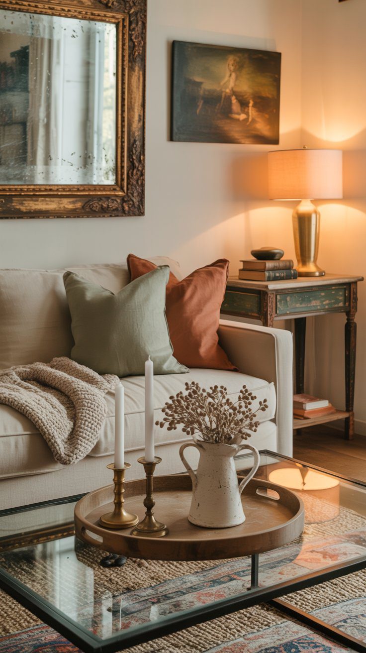 A cozy room with a cream sofa, colorful pillows, candles on a glass table, and vintage touches glows with warm lamplight.