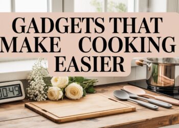 On a kitchen counter sit a cutting board, utensils, alarm clock, roses, and a steaming pot. Text: Meal prep made simpler with gadgets.