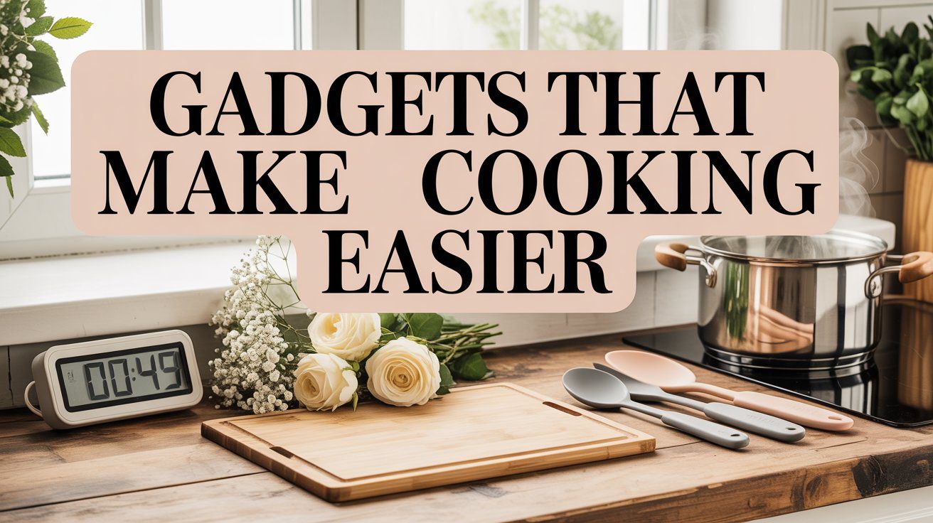 On a kitchen counter sit a cutting board, utensils, alarm clock, roses, and a steaming pot. Text: Meal prep made simpler with gadgets.