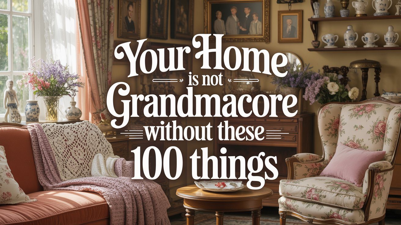 Cozy living room with a floral armchair, crochet blanket, antique teacups, and vintage touches. Text: Grandmacore 100 essential.