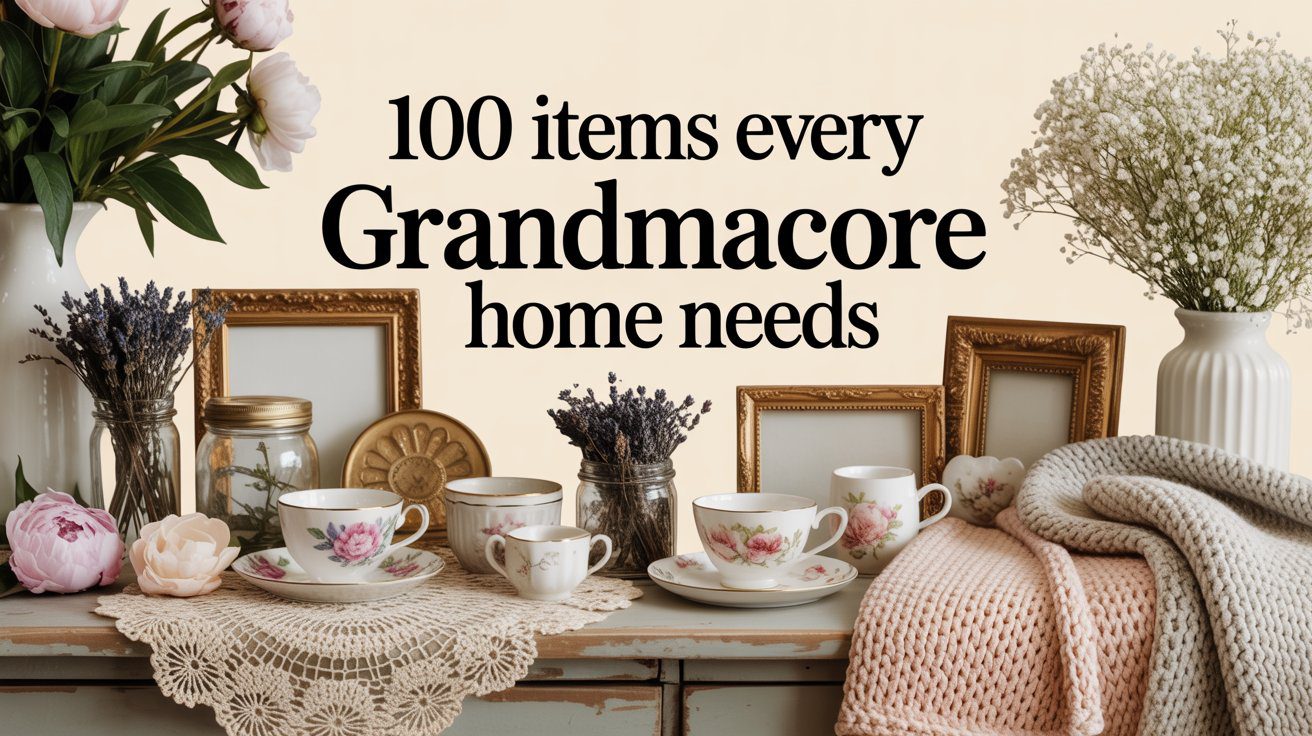 Warm vintage decor featuring floral teacups, lace, framed photos, and cozy knits. Text: 100 must-have grandmacore home essentials.