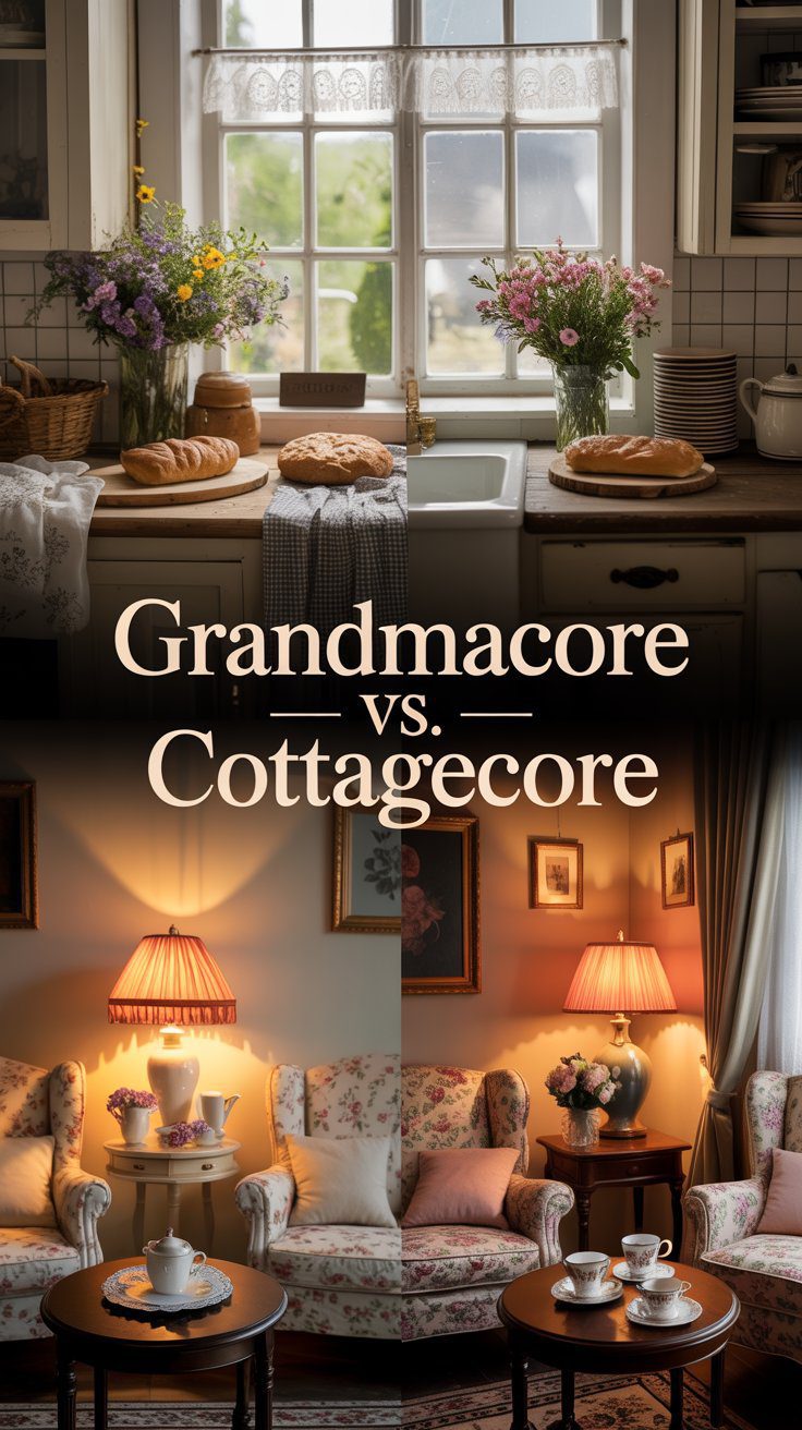 A split image contrasts grandmacore’s vintage living rooms and warm lights with cottagecore’s airy kitchen of flowers and bread.