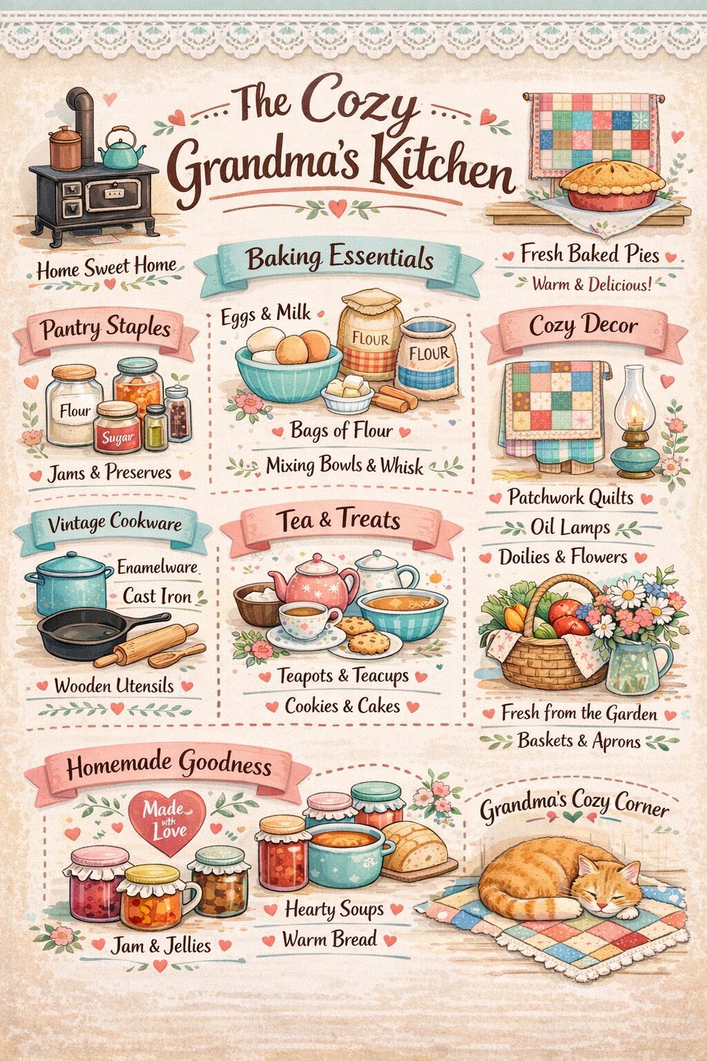 The grandmacore kitchen is a busy, beautiful space that smells like fresh baking and brewing tea. It's a place where things are made with love, and the tools themselves are just as beautiful as the food.