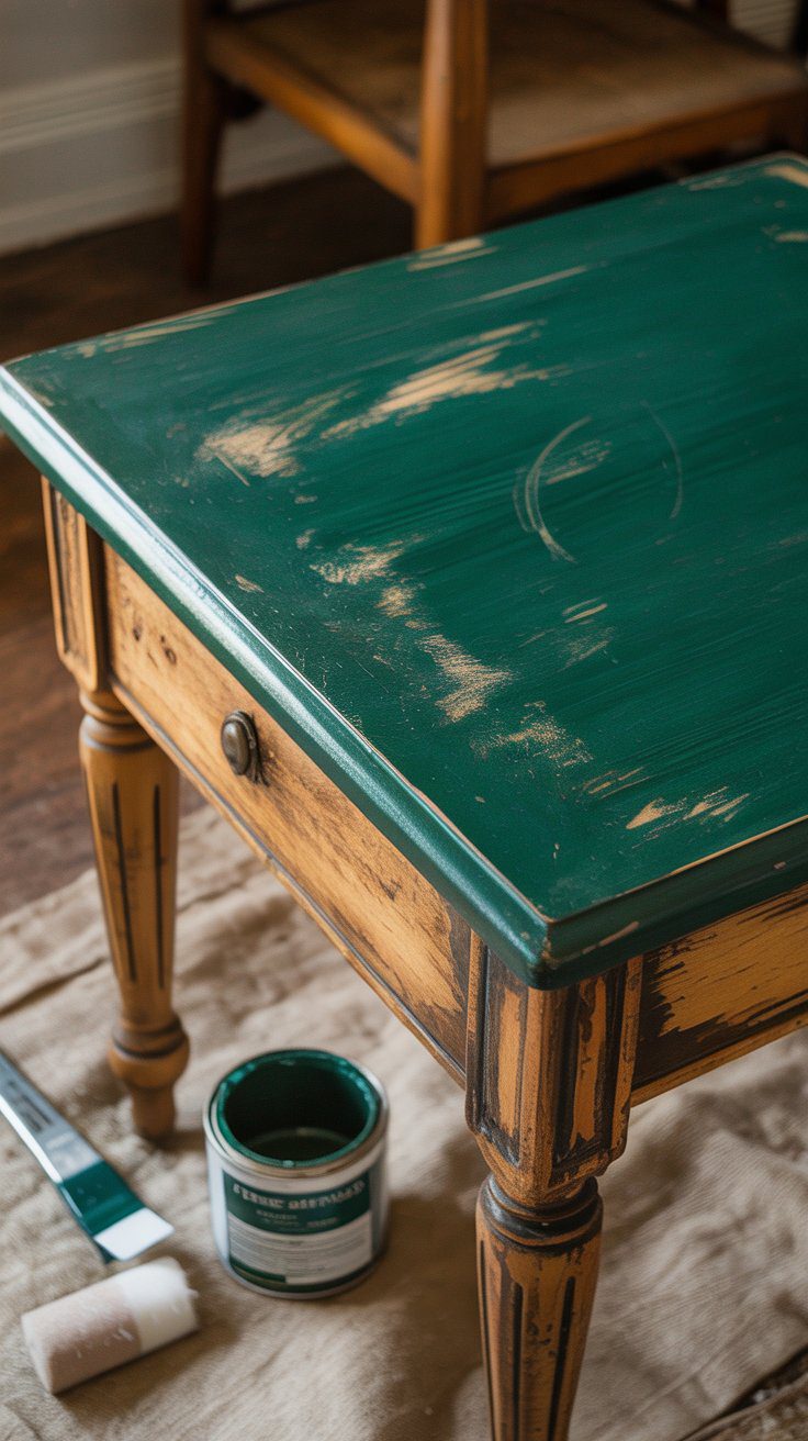 A vintage green table with faded yellow legs rests on a drop cloth, surrounded by paint tools—ideal for upcycled home decor.