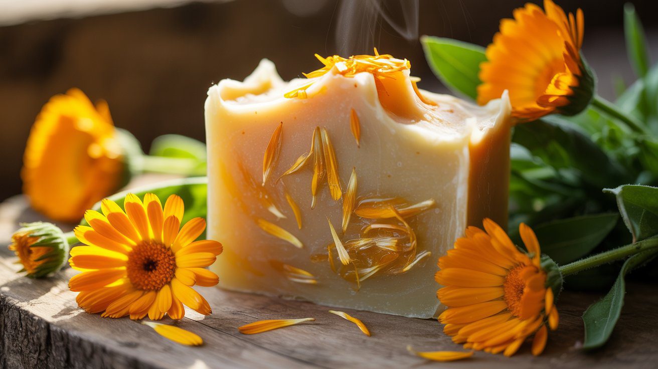 Artisan calendula soap bar topped with orange petals, set on rustic wood amid fresh blooms and green leaves; ideal for dry skin.