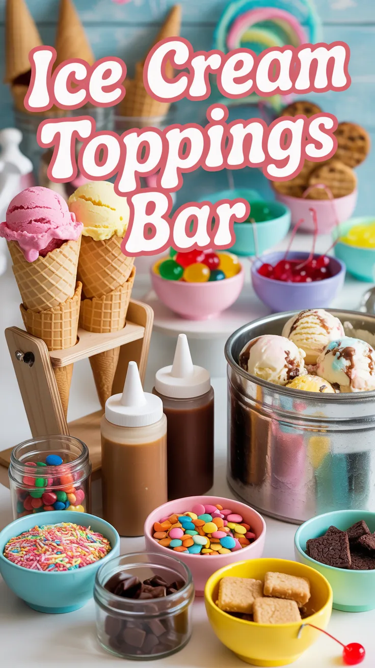 Build a summer-ready ice cream toppings bar with sprinkles, mini M&M’s, chopped candy bars, brownie bites, cookie crumbles, gummies, and cherries. Add hot fudge, caramel, and strawberry sauces, plus cones, bowls, and waffle cone chips. Keep sauces warm and cold toppings on ice; include allergy-friendly labels. Tap to see all 15 ideas + setup tips