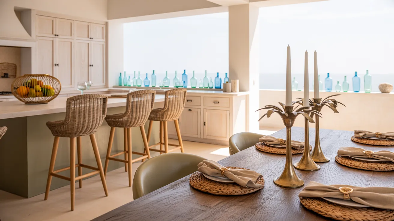 Wicker stools, woven placemats, gold accents, and blue glass catch the light in a sunlit kitchen with a bright coastal feel.