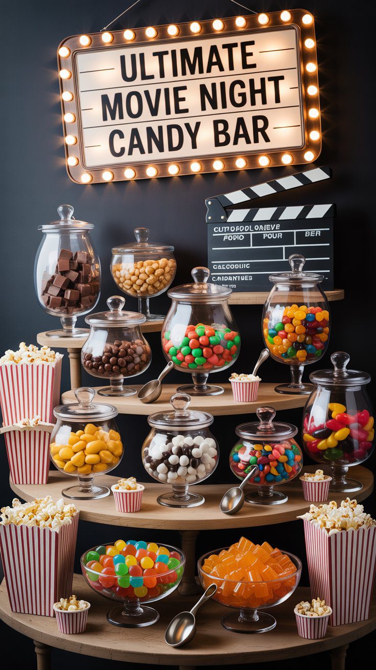 Vibrant Movie Night Candy Bar sign illuminates a spread of candies, popcorn, and bowls on a rustic wooden table—movie night goals!.