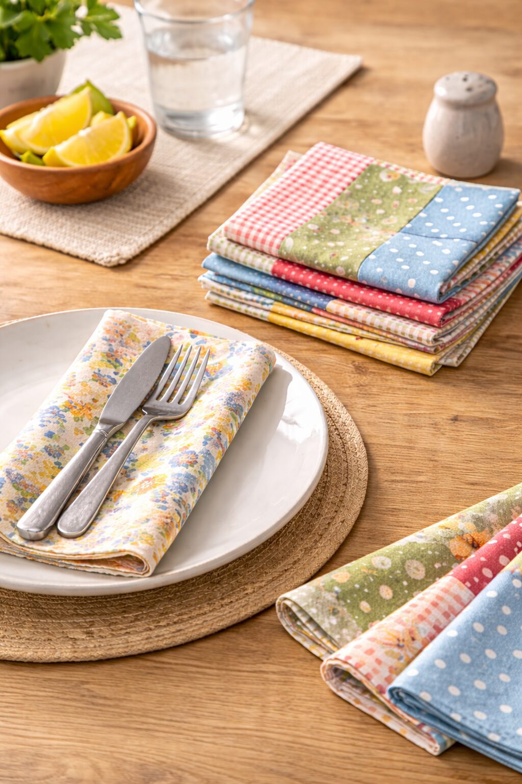 Vividly patterned napkins are stacked on a wooden table beside a floral place setting, lemon wedges, and a glass of water.