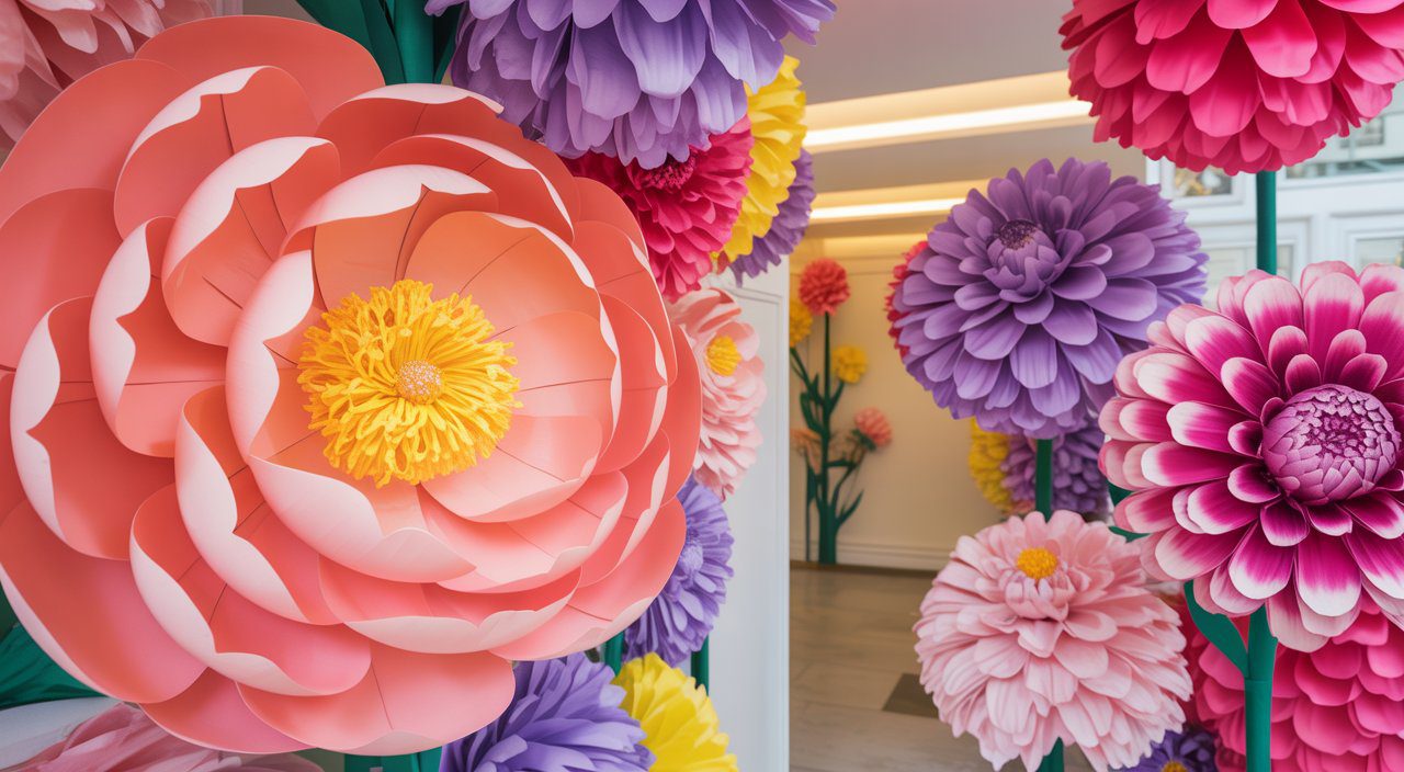 Vivid paper peonies in pink, purple, and yellow brighten a white room with ceiling lights, setting a playful DIY scene.