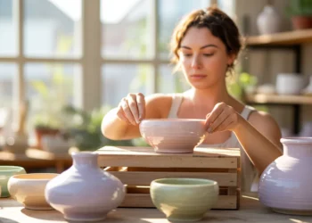 In a bright, sunlit space, a woman organizes handcrafted ceramics on shelves, showcasing pottery bowls and vases for shoppers.