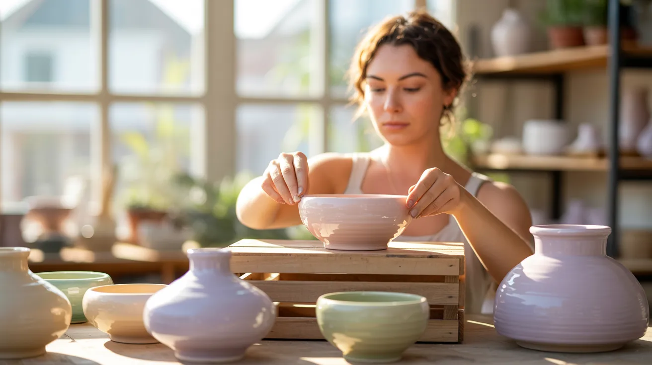 In a bright, sunlit space, a woman organizes handcrafted ceramics on shelves, showcasing pottery bowls and vases for shoppers.