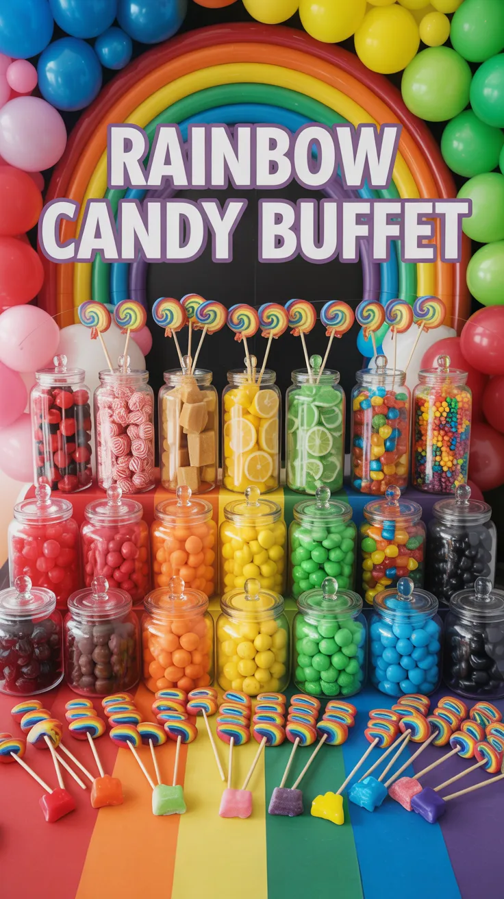 Go ROYGBIV with a color-coded candy bar. Stock jars by hue—red (cherry sours, licorice bites), orange (orange slices, butterscotch), yellow (lemon drops, banana candies), green (apple rings, lime sours), blue (jelly beans, rock candy), purple (grape chews, gummies). Add rainbow swirl lollipops, matching scoops, and colored treat bags. Tap to see all 15 ideas + setup tips.