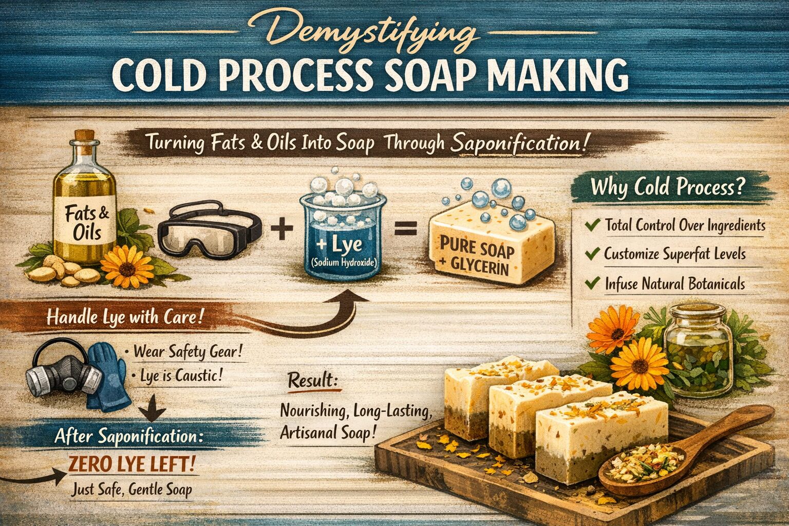 A visual guide to soap making details each stage with oils, lye, and bars; includes safety tips, perks, and nature-inspired art.