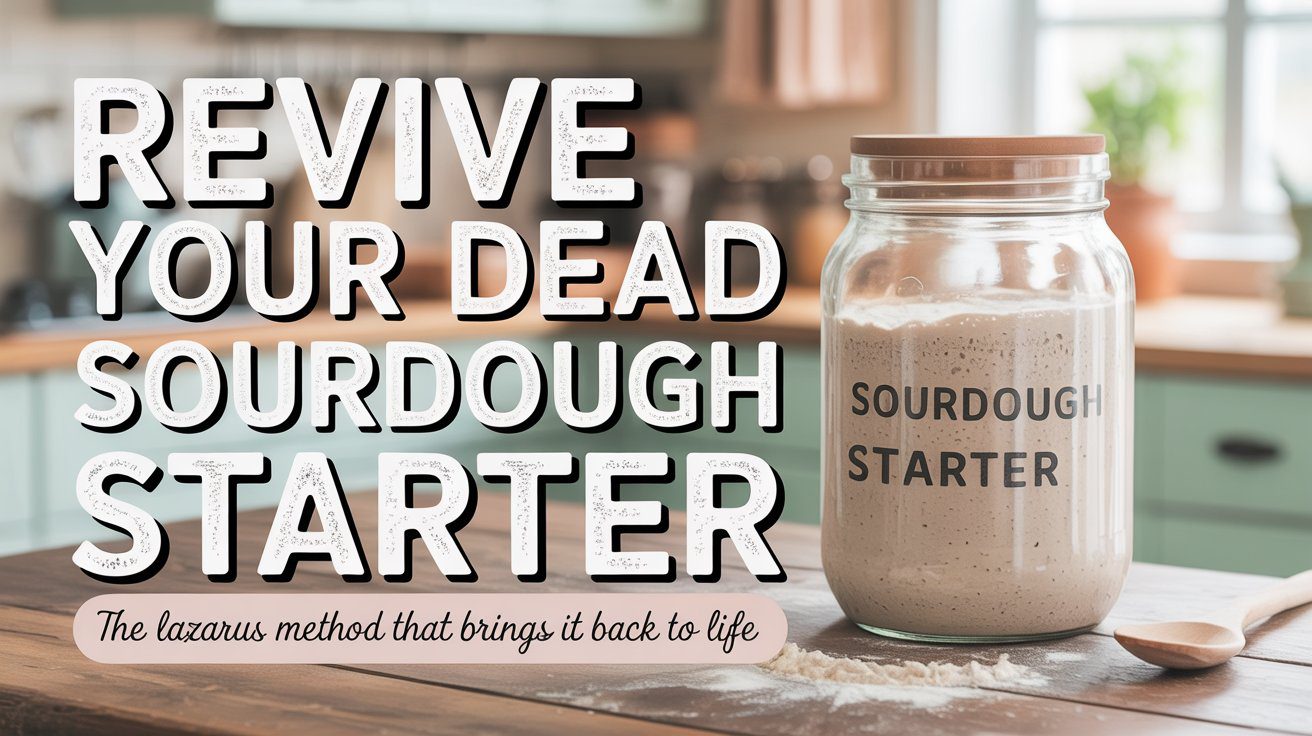 A sourdough blog jar rests on a kitchen counter next to a wooden spoon. Bold text says, Rise Again: Revive Your Dead Starter, with the caption below: The Lazarus Method for revival.