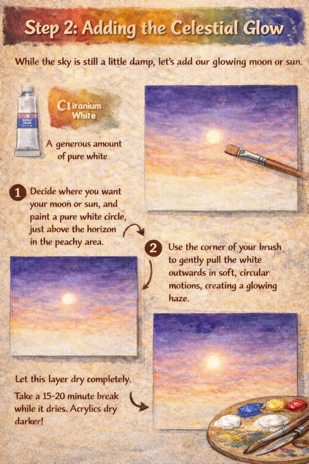 In Step 2, paint a radiant moon or sun in your pastel-sky landscape, using circular strokes and letting it dry before continuing.