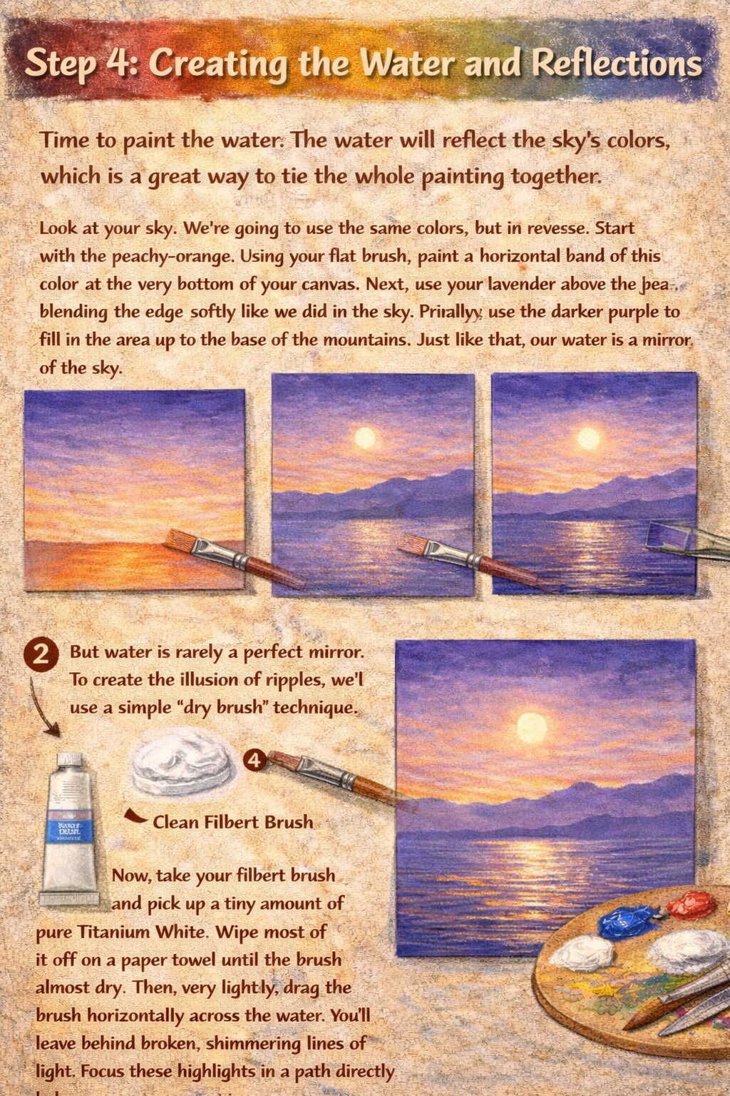 Discover how to paint water and reflections in dreamy scenes with illustrated steps, sample art, and supplies on a soft orange-beige backdrop.