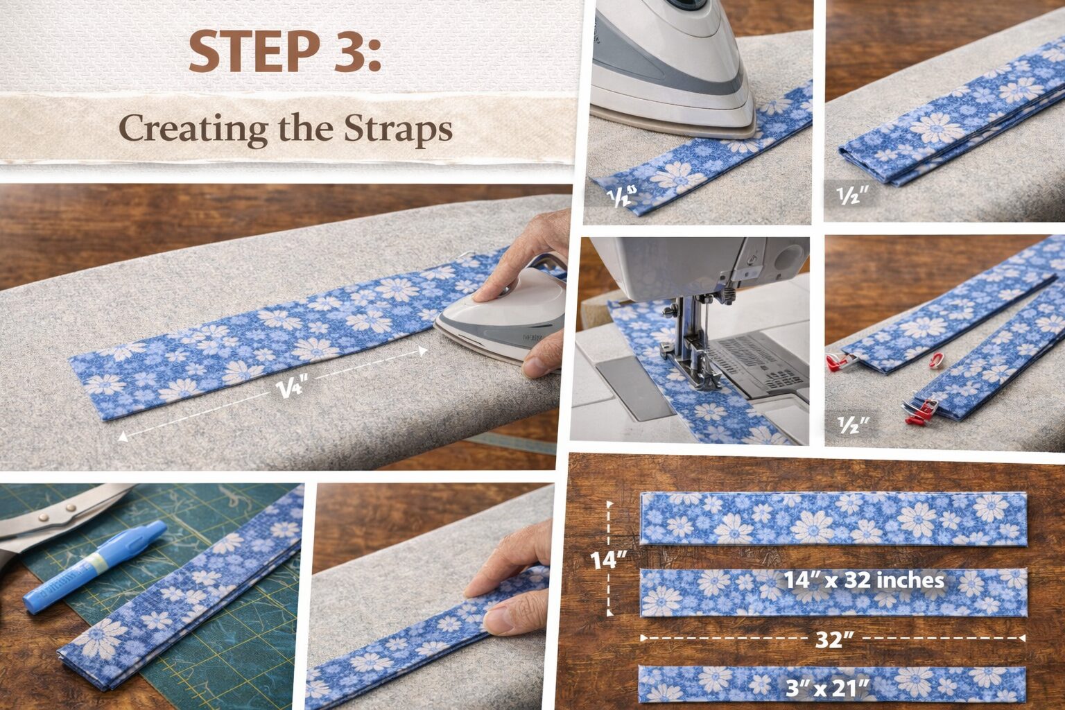 During step 3, press and stitch blue floral fabric strips with a ruler, clips, and marking pen; completed strap sizes are shown.
