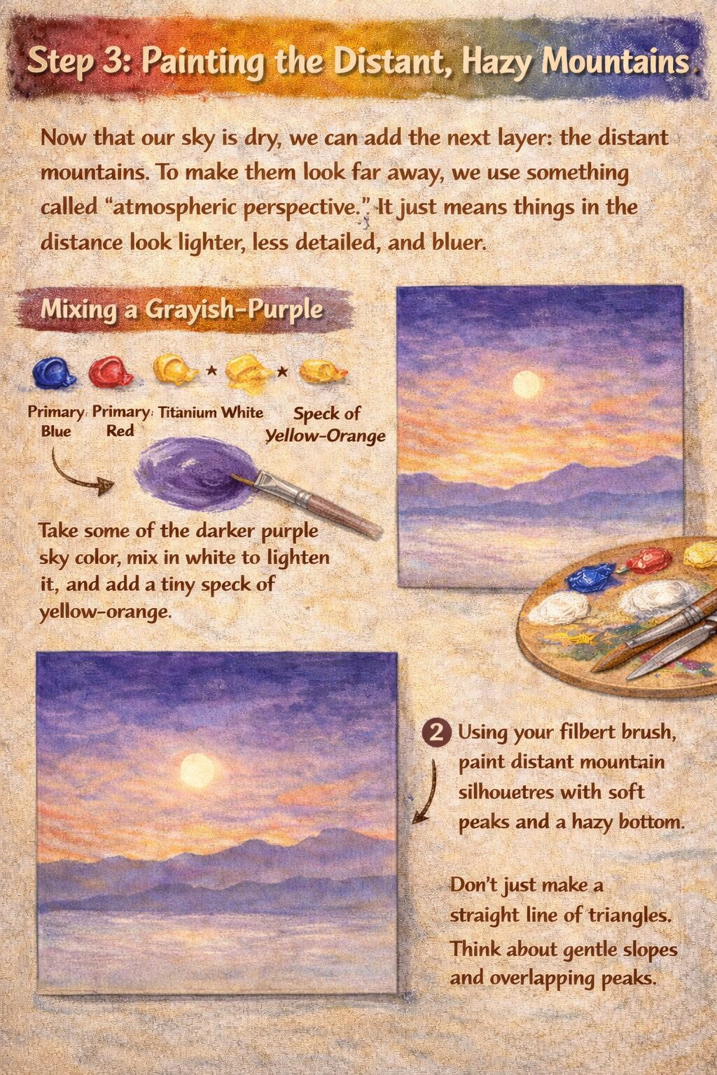 Discover how to paint dreamy landscapes using just yellow, blue, and red—plus white and orange—with easy tips for sunset mountain scenes.