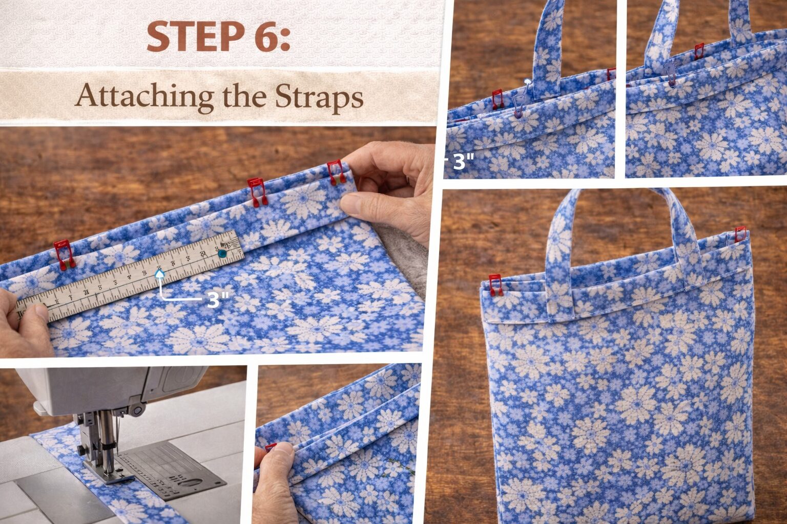 Step6: Collage demonstrates measuring, pinning, and stitching straps 3” from each edge on a blue floral tote, finishing the handles.