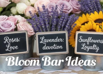 Charming pails marked “Love,” “Devotion,” and “Loyalty” display vibrant blooms amid colorful flowers. Text: Bloom Bar Ideas.