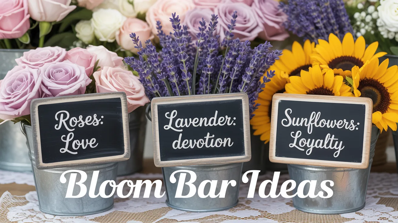 Charming pails marked “Love,” “Devotion,” and “Loyalty” display vibrant blooms amid colorful flowers. Text: Bloom Bar Ideas.