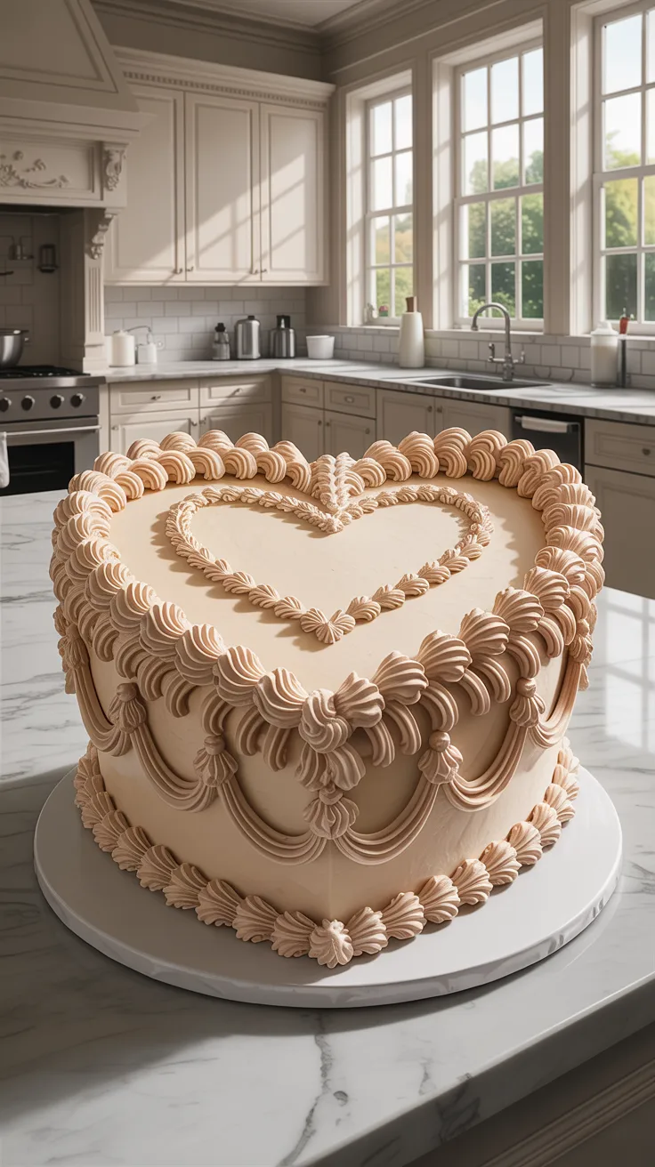 A heart-shaped cake with beige icing and intricate piping sits on marble in a sunlit kitchen, showcasing 2026’s hottest cake trend.