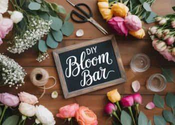 A wooden table holds colorful blooms, greenery, supplies, and a “DIY Bloom Bar” sign—ideal for fun floral arranging at events.
