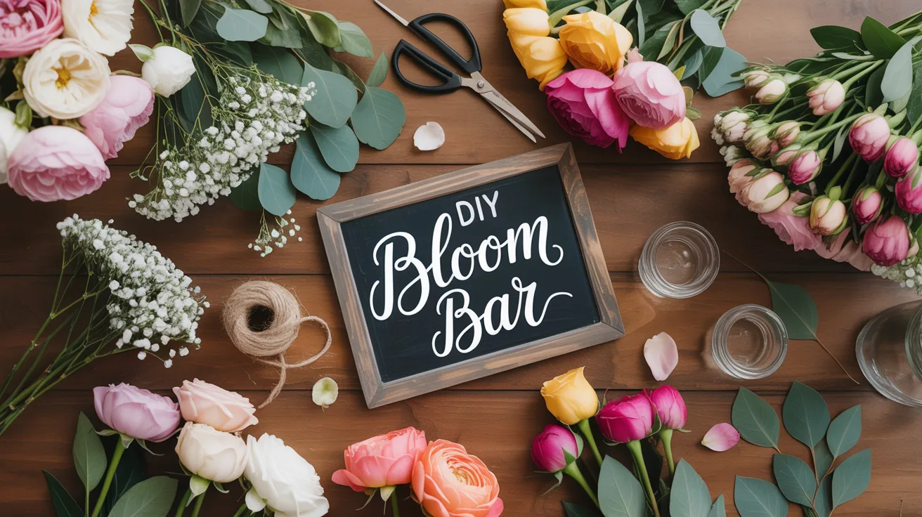 A wooden table holds colorful blooms, greenery, supplies, and a “DIY Bloom Bar” sign—ideal for fun floral arranging at events.