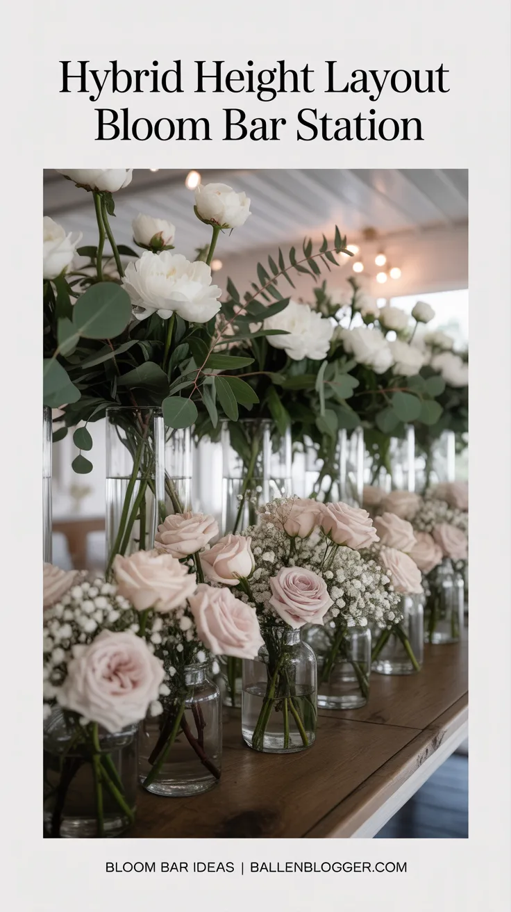 We've talked about the drama of tiered stands, but for larger crowds or more relaxed bloom bar settings, accessibility is just as important. Idea number six, the Hybrid Height Layout, is a brilliant solution that combines visual appeal with a practical, easy flow for your guests.