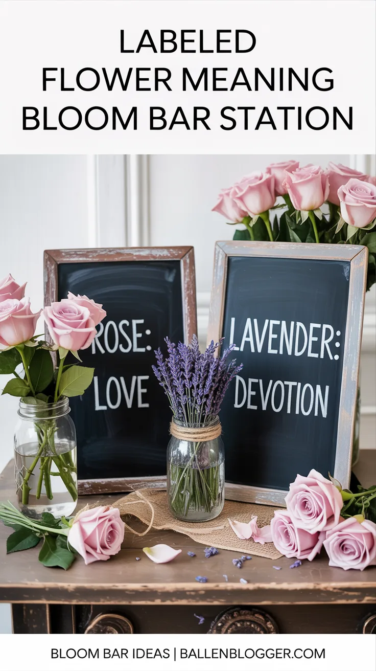This next idea is for the storytellers and anyone who believes that beauty is more than skin deep. Idea number five is the Labeled Flower Buckets with Meaning bar. This transforms a simple flower selection process at your Bloom Bar into an engaging, educational, and much more personal experience.