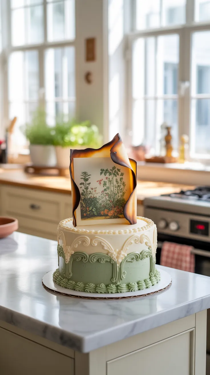 A realistic, high-quality smartphone photo of a trendy "burn-away cake" sitting on a marble kitchen island. The cake is decorated with elaborate vintage "Lambeth-style" piping in cream and soft sage green frosting. The top layer of wafer paper is currently mid-burn, with a thin line of glowing orange embers and a tiny wisp of white smoke. The burning paper is curling away to reveal a hidden, vibrant edible-ink portrait of a Victorian-style botanical garden underneath. The background is a bright, sun-drenched modern kitchen with a blurred window and a small potted herb. 8k resolution, cinematic lighting, shallow depth of field.