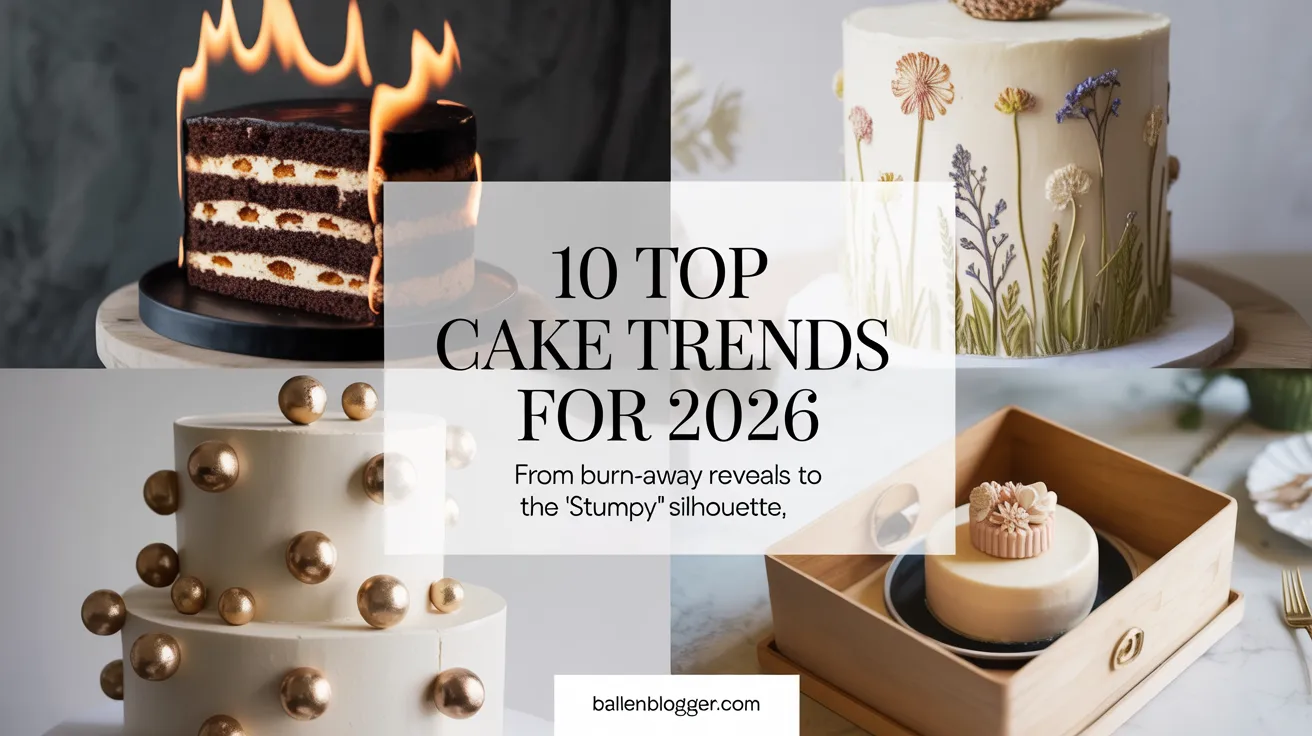 Four eye-catching cakes—one adorned with flames, another with flowers—showcase 2026’s top cake trends. Text: “10 Top Cake Trends for 2026.”.