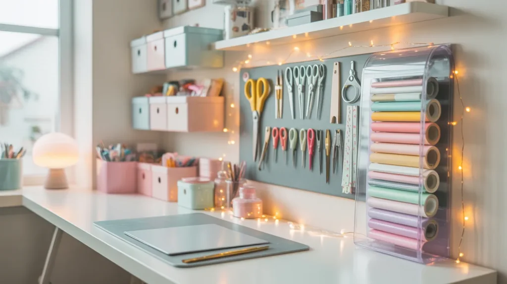 A well-organized craft station featuring "craft 5" sits by a window, lit by fairy lights and a lamp for a cozy creative vibe.