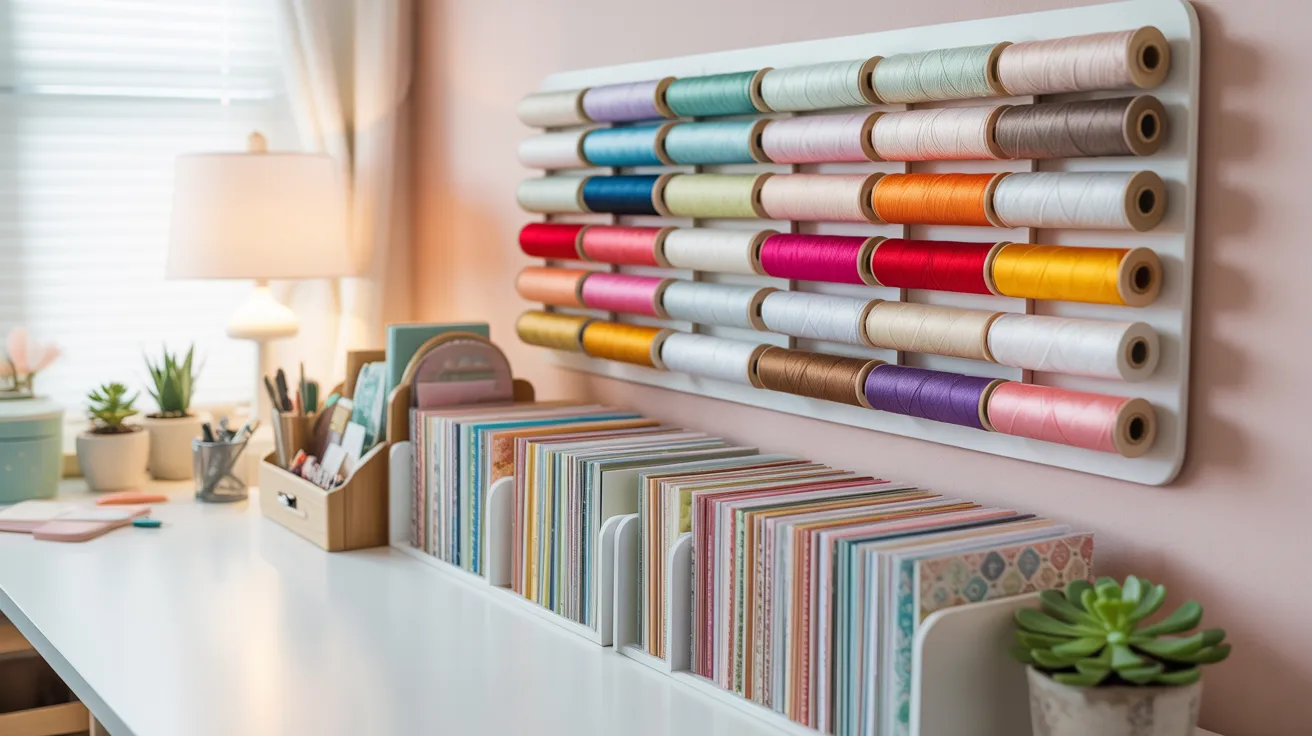 Craft room 3 showcases vibrant thread spools, tidy patterned papers, and a succulent by the window in an organized workspace.