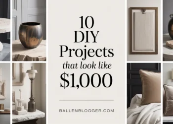 A selection of stylish DIY decor—pillows, trays, frames, vases—frames the phrase: “10 DIY Projects That Look Luxe.”.