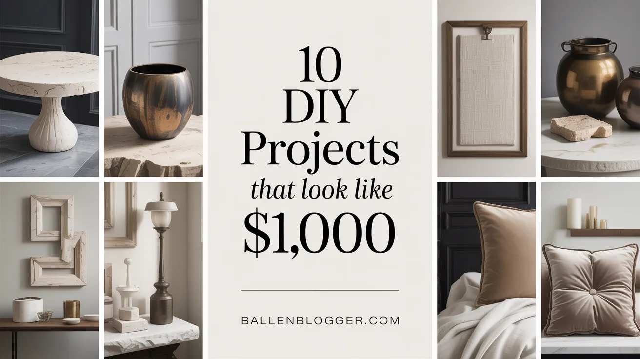 A selection of stylish DIY decor—pillows, trays, frames, vases—frames the phrase: “10 DIY Projects That Look Luxe.”.