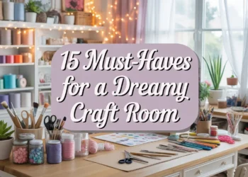 A neat, light-filled craft room features art supplies, yarn, and greenery on a table, with shelves of jars behind. Text: "15 dreamy craft room blog must-haves for your ideal creative space.