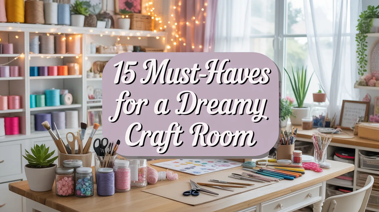 A neat, light-filled craft room features art supplies, yarn, and greenery on a table, with shelves of jars behind. Text: "15 dreamy craft room blog must-haves for your ideal creative space.