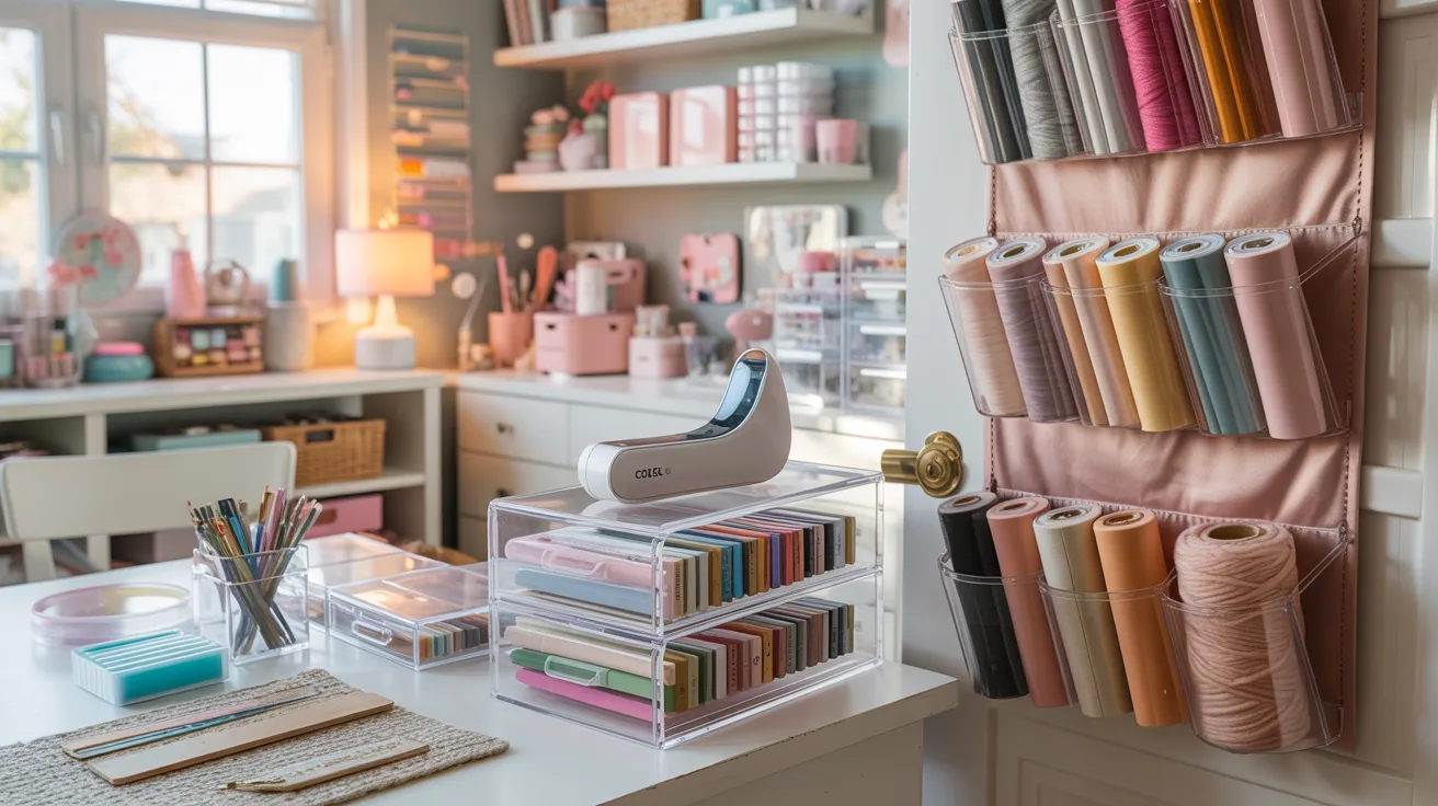 A sunlit craft room with labeled drawers, colorful thread spools, and organized tools sparks creativity at a tidy white desk.