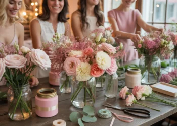 In a sunlit room with big windows, four women gather around a table arranging pastel flowers in jars at a bloom bar workshop.