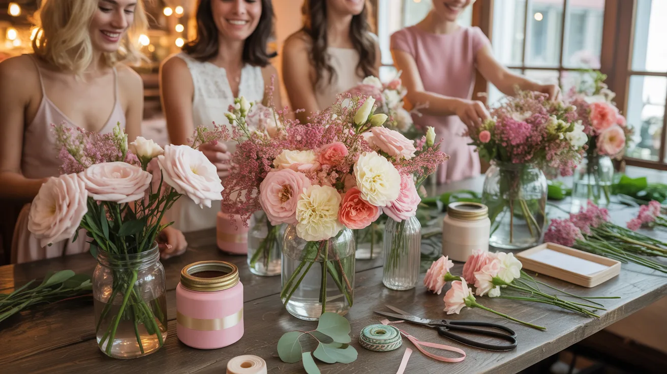 In a sunlit room with big windows, four women gather around a table arranging pastel flowers in jars at a bloom bar workshop.