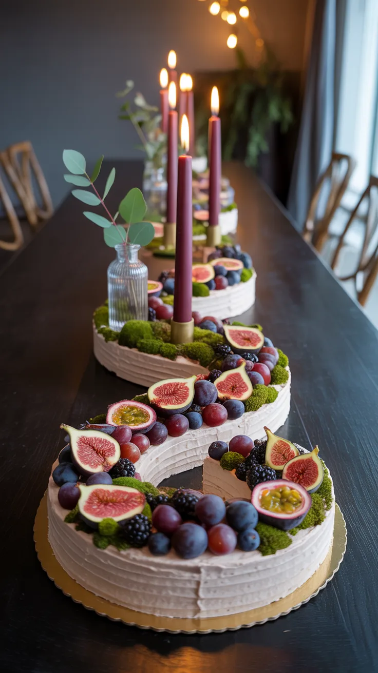 A striking S-shaped infiniti cake for 2026 features figs, grapes, berries, and greenery atop a dark table with vases and burgundy candles.